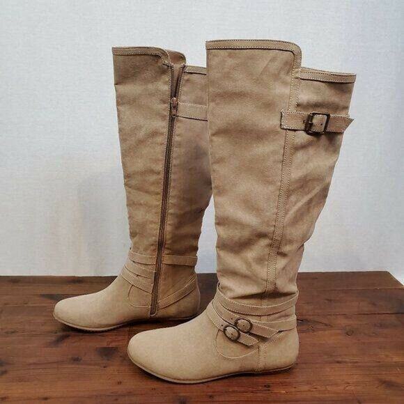 JustFab‎ Womens Boots 7 Brown Suede Knee High Zip Up Flat Pull-On Almond Toe - Picture 4 of 10